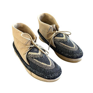 NWOT LAIDBACK LONDON Inca Women's Size 36 Navy Blue Beige Soft Beaded Moccasins